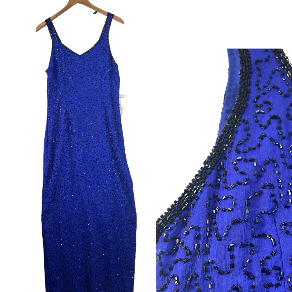 NWT Shalimar Silk Beaded Gown Med Blue Maxi Dress Evening Glam Artsy Elegant 90s